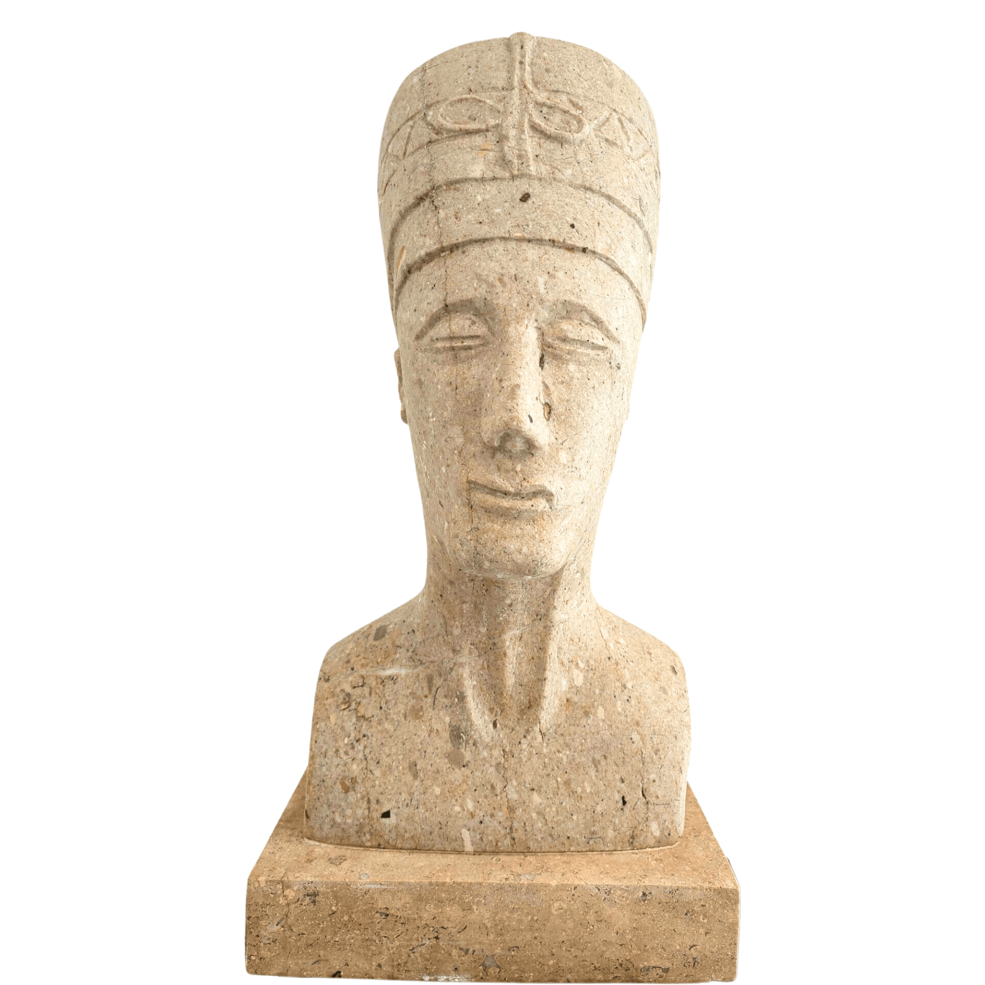 Busto di Nefertiti in pietra calcarea naturale scolpito a mano, arte ispirata all’antico Egitto.

