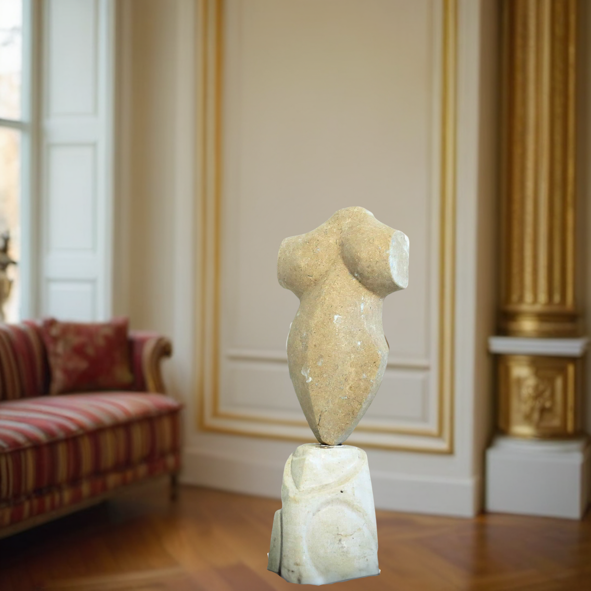 Busto in pietra naturale, perfetto per decorare giardini o spazi interni luminosi.