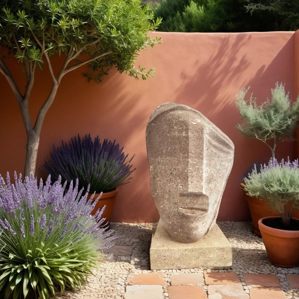 Scultura tribale artigianale in pietra di Calitri con texture materica e autentica.
