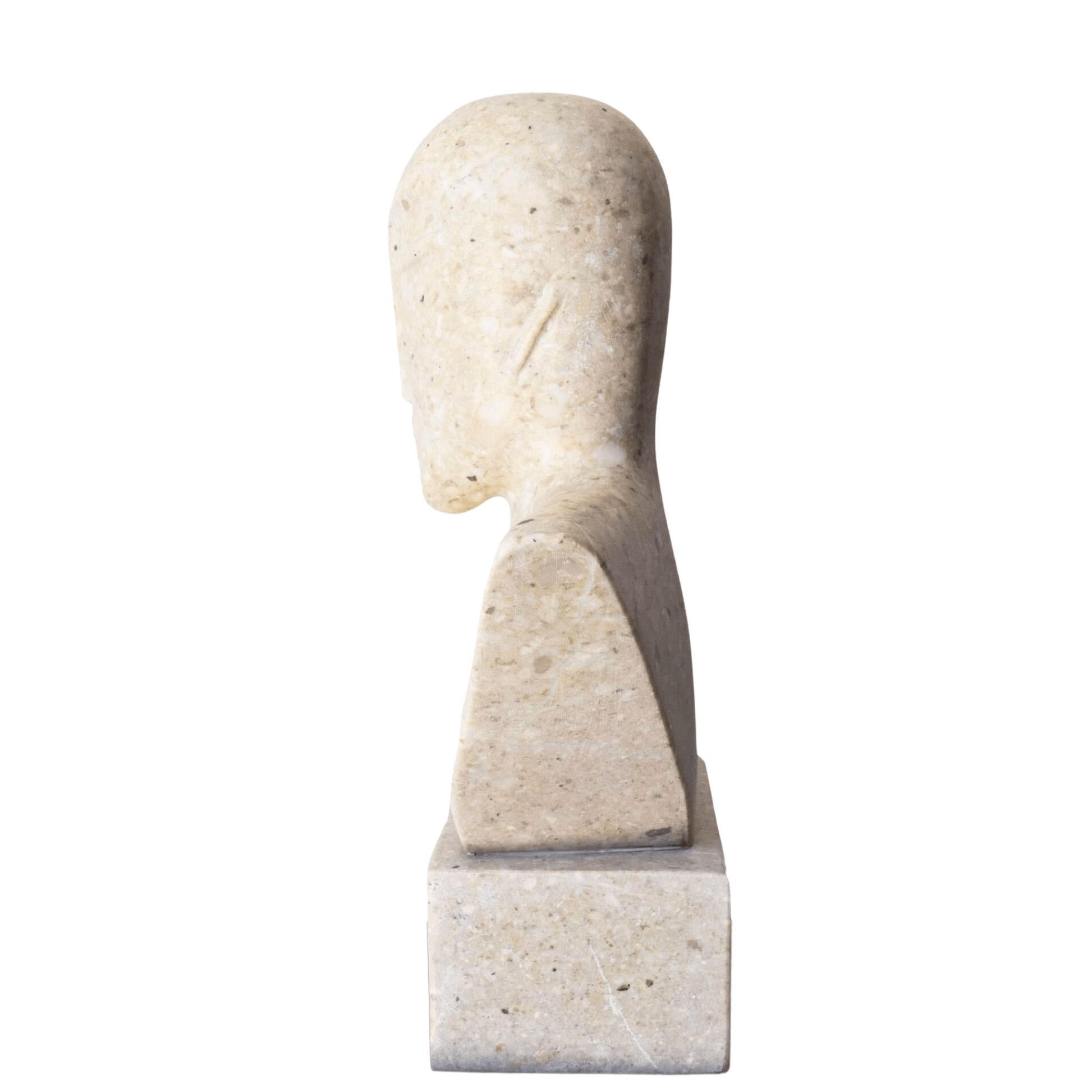 Scultura artigianale in pietra chiara, ideale per arredare salotti, studi o ingressi contemporanei.