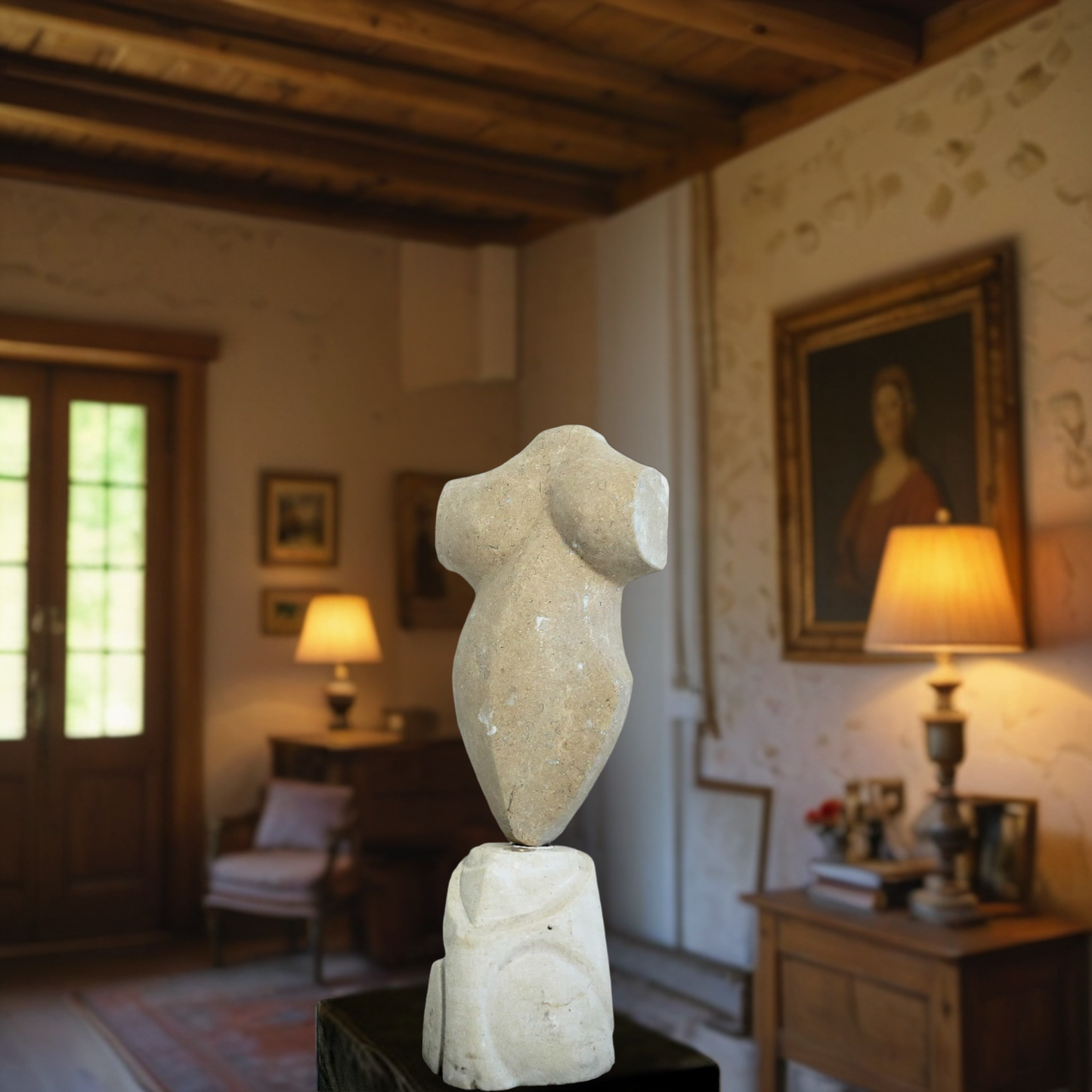  Scultura classica con piedistallo bianco intagliato, combinazione armoniosa di pietra e design decorativo.