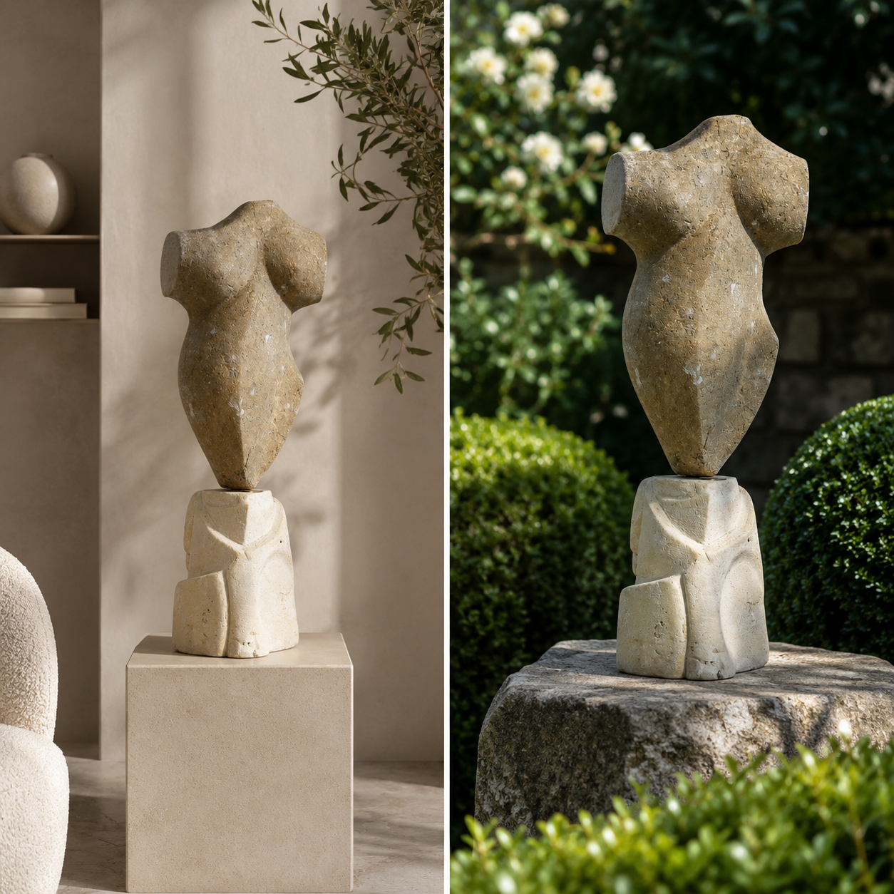 Busto Classico in Pietra Calcarea di Bisaccia con Piedistallo Decorato | Sculture Melillo