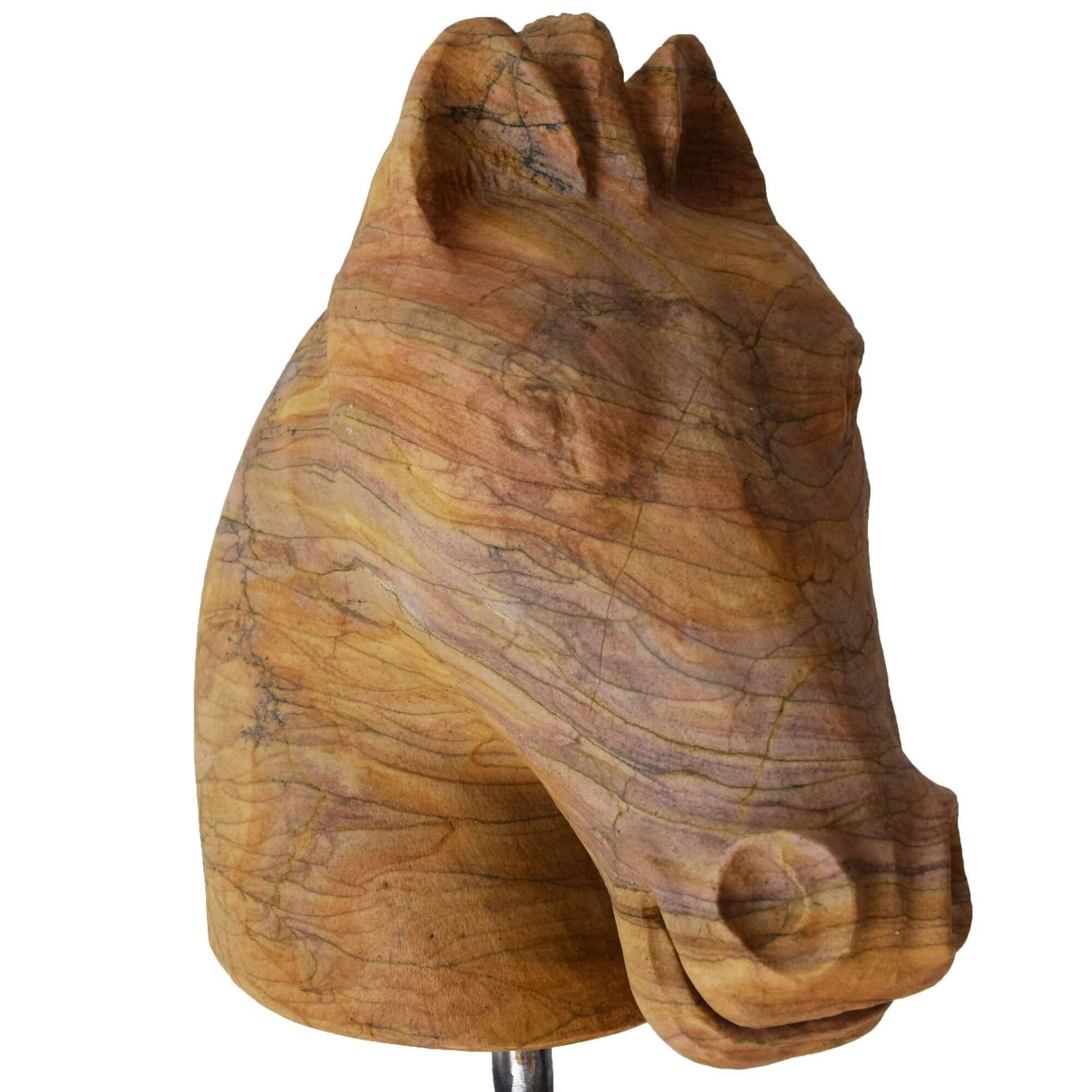 Scultura testa di cavallo marrone in pietra naturale fatta a mano
